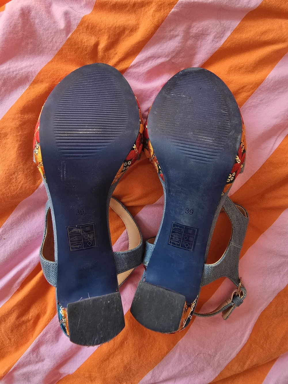 Desigual Blue Denim Embroidered Block Heel Sandals - Picture 9 of 9